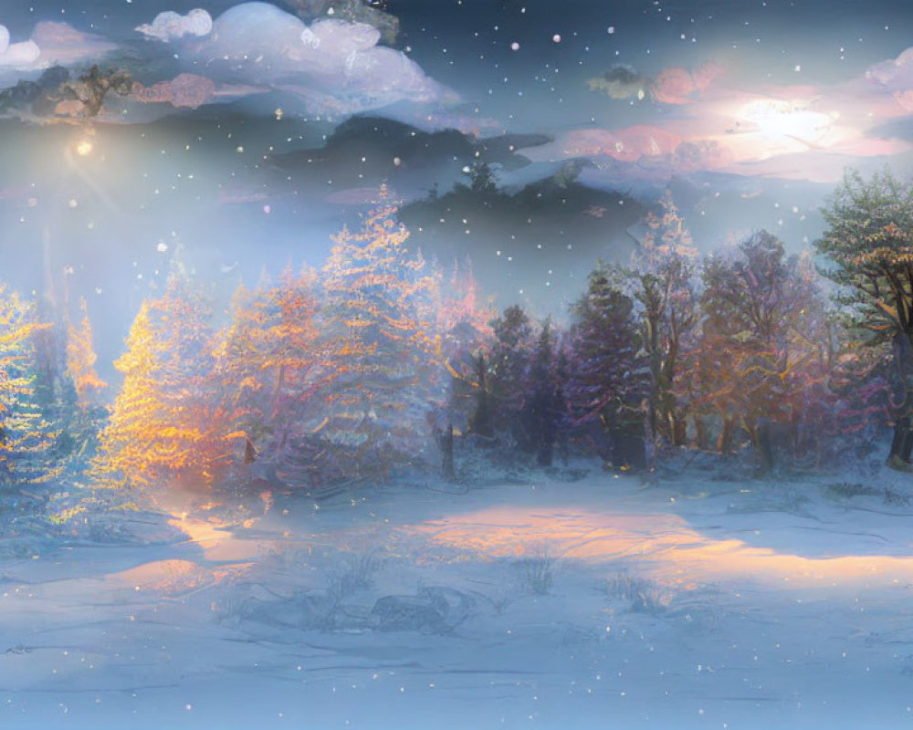 Snow-covered winter landscape at dusk with colorful illuminated trees under a starlit sky