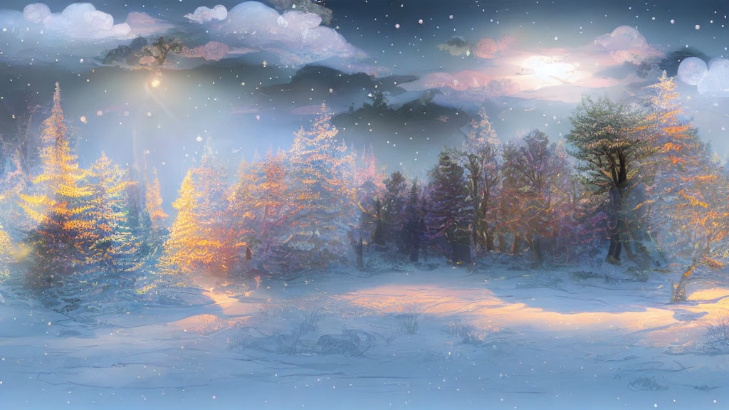 Snow-covered winter landscape at dusk with colorful illuminated trees under a starlit sky