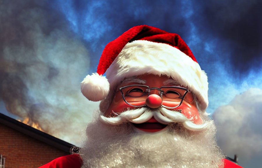 Santa Claus Costume with White Beard, Red Hat, and Glasses on Blue Sky Background