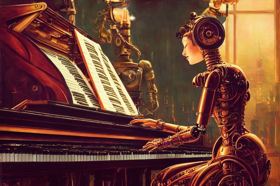 Steampunk-style robot playing grand piano in vintage setting