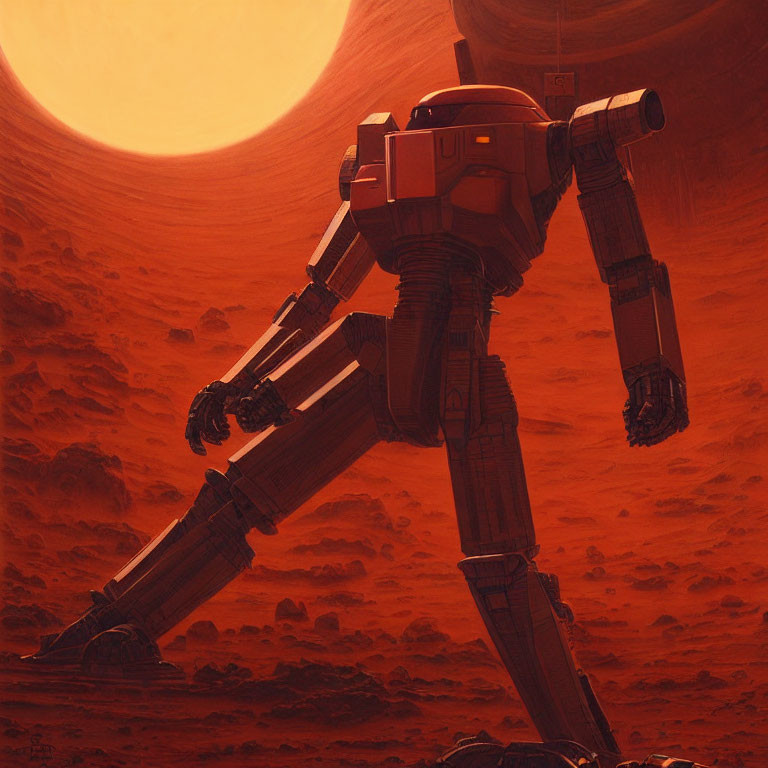 Giant robot walking on red Martian landscape under large sun