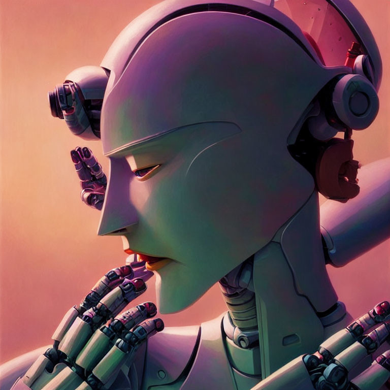 Robot with human-like features in thoughtful pose against warm backdrop