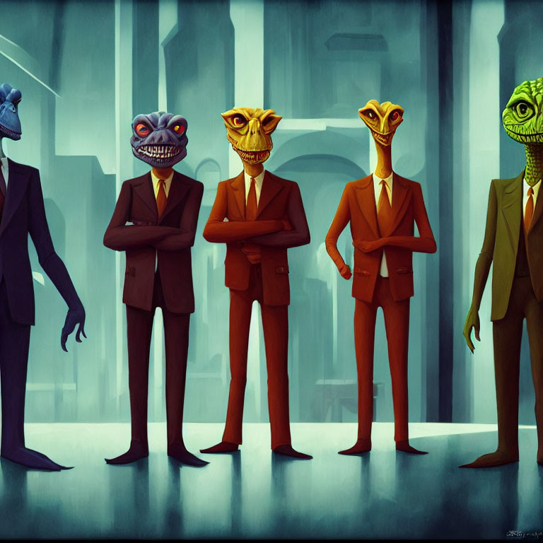 Stylized anthropomorphic lizards in suits exude coolness in dimly lit room