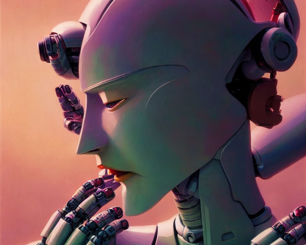 Robot with human-like features in thoughtful pose against warm backdrop