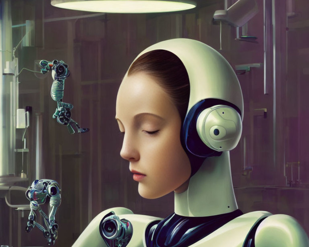 Serene humanoid robot in white headgear in futuristic laboratory