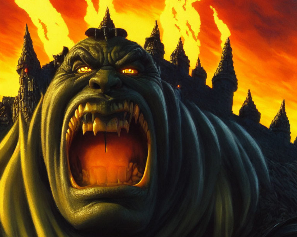 Menacing green-skinned fantasy character with tusks in front of burning castle under reddish sky