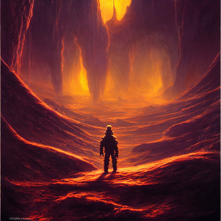 Astronaut in fiery cavern with lava and rocks