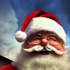 Santa Claus Costume with White Beard, Red Hat, and Glasses on Blue Sky Background