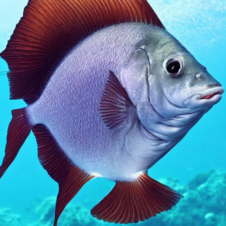 Colorful Circular Fish with Large Dorsal Fin in Clear Blue Water