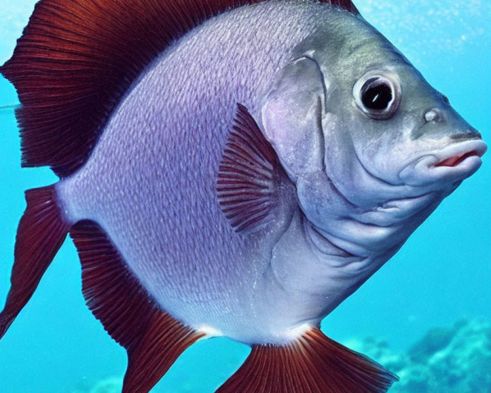 Colorful Circular Fish with Large Dorsal Fin in Clear Blue Water