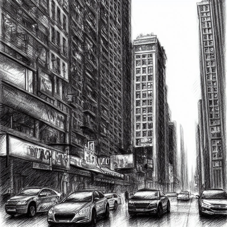 Detailed pencil sketch of a snowy city street with skyscrapers and cars