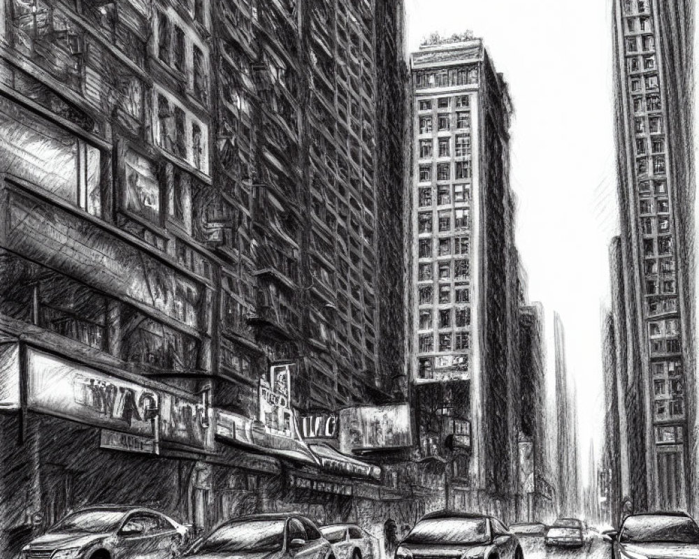 Detailed pencil sketch of a snowy city street with skyscrapers and cars