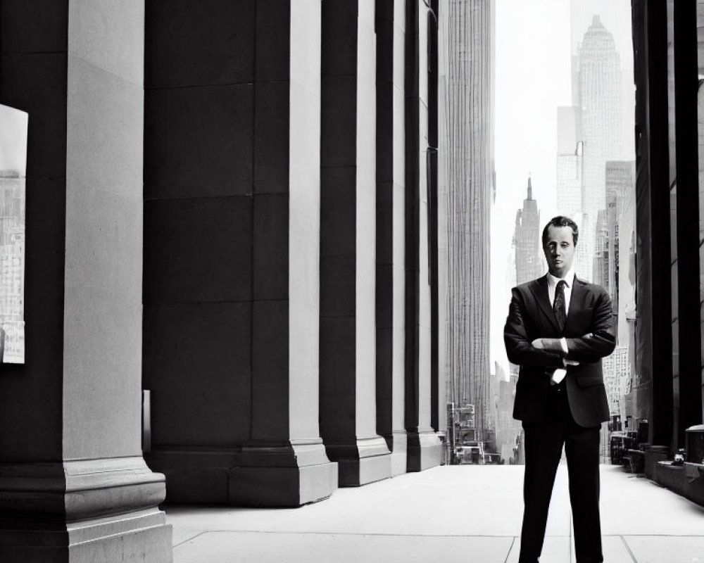 Confident man in suit with cane between large columns and city backdrop