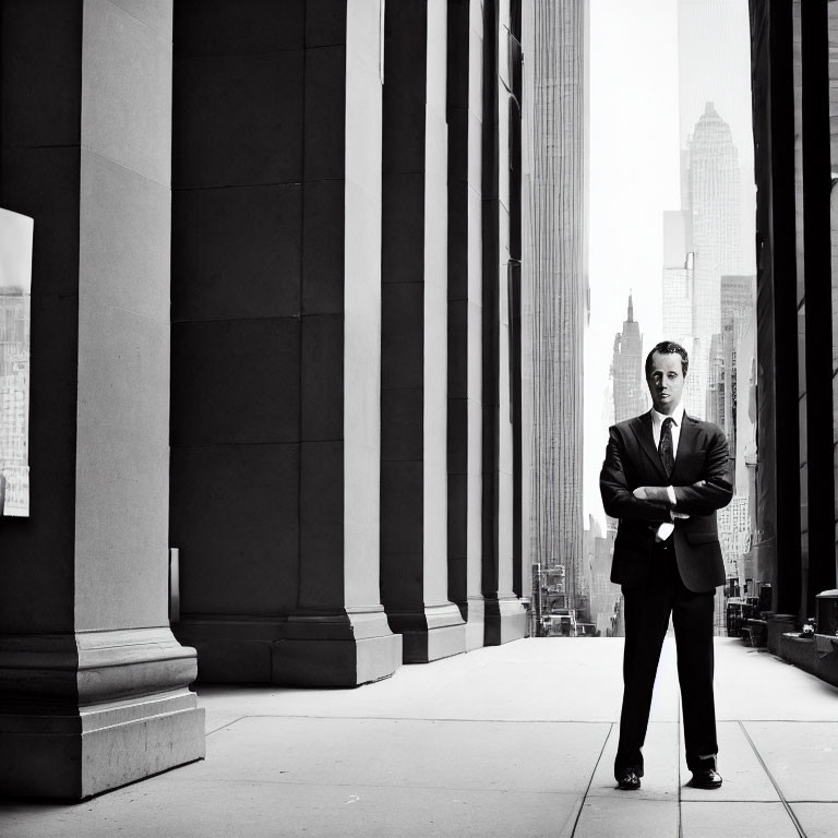 Confident man in suit with cane between large columns and city backdrop