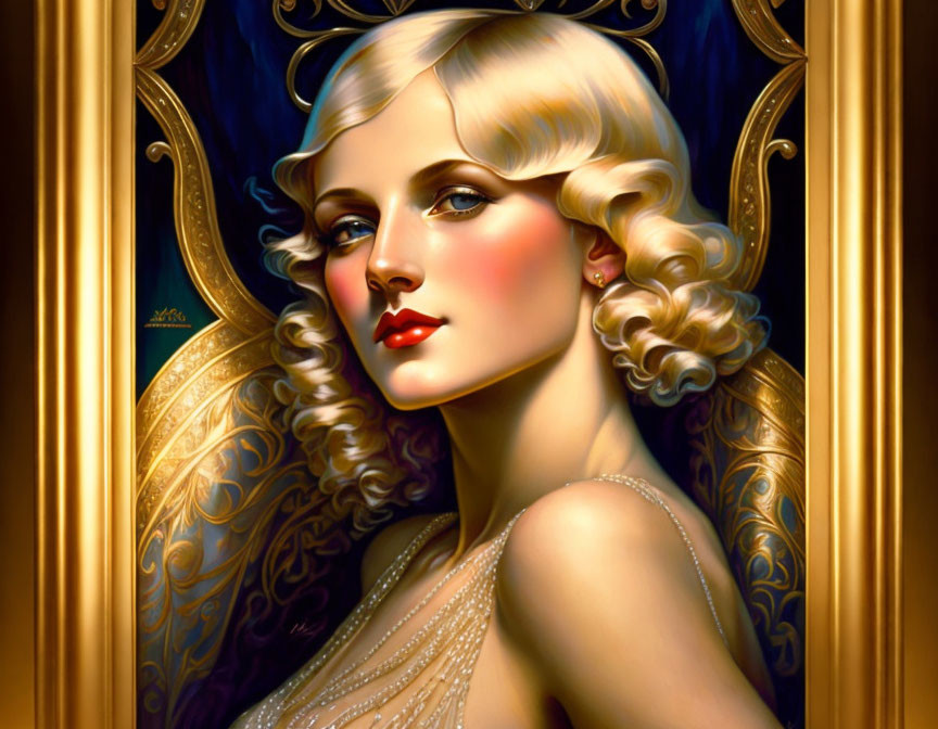 Blonde woman with wavy hair in Art Nouveau frame.