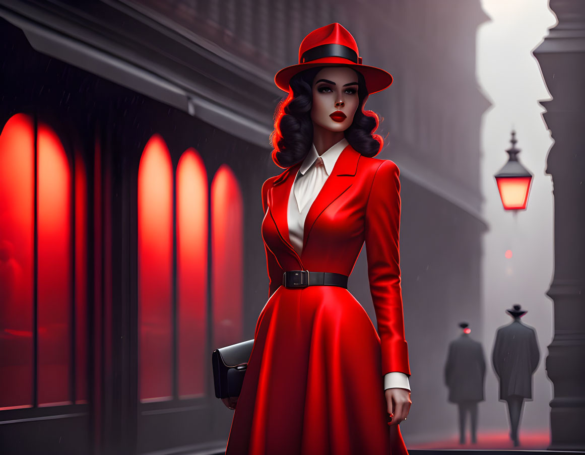 Fashionable woman in red outfit and wide-brimmed hat on misty street