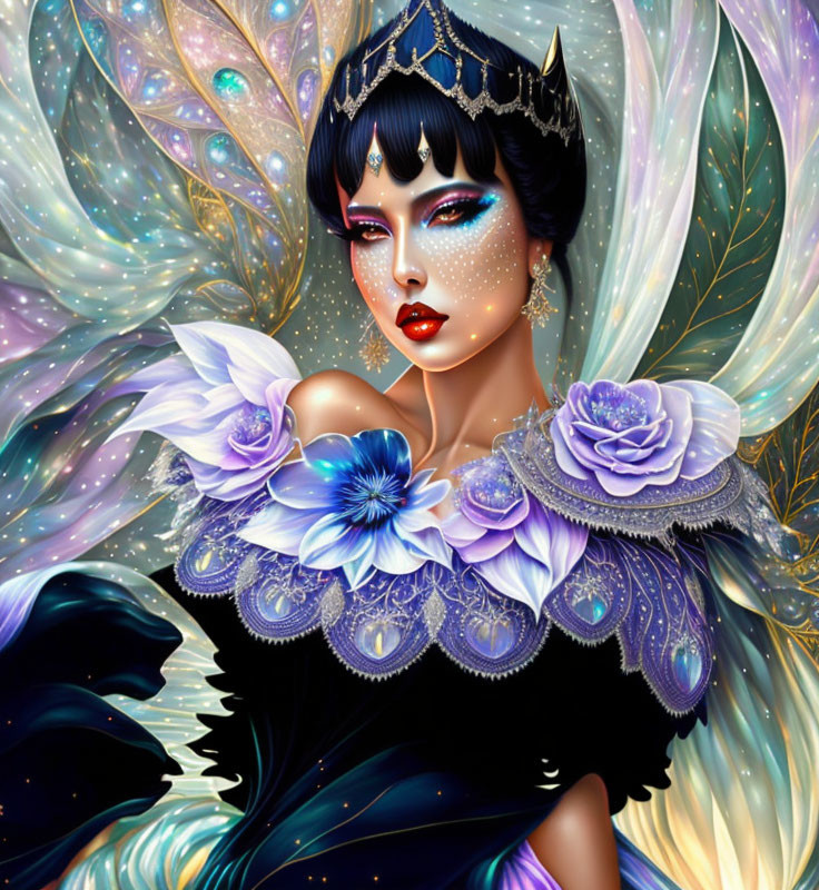 Fantasy digital artwork: Female figure with blue flowers, butterfly wings, dark crown, intricate makeup,