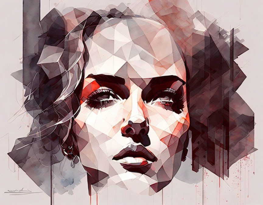 Geometric watercolor portrait of a woman with bold eyes and lips