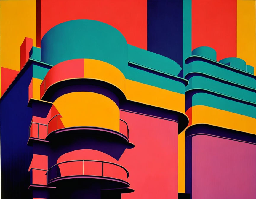 Colorful Abstract Painting with Geometric Shapes & Architectural Elements