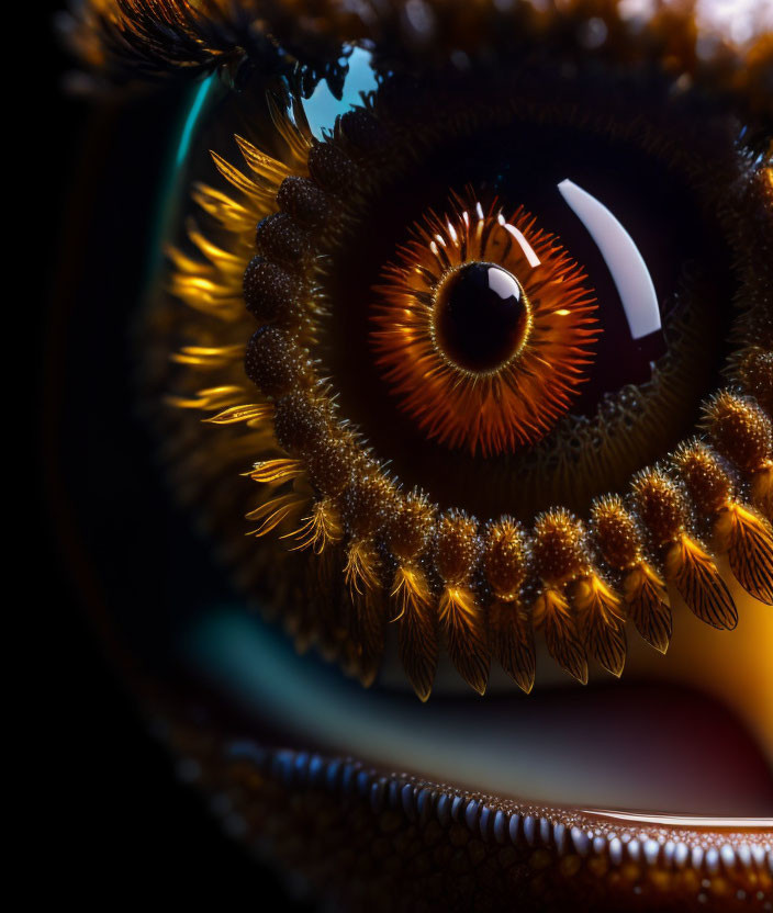 Intricate surreal fractal-like structure with fiery iris.