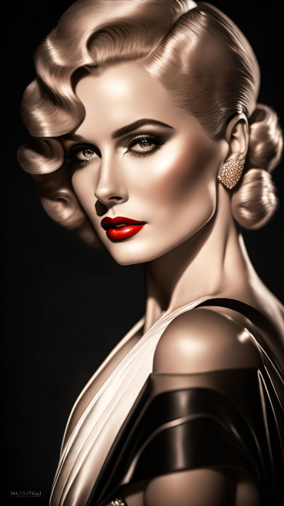 Vintage Hollywood Hairstyle Woman Illustration with Striking Lipstick