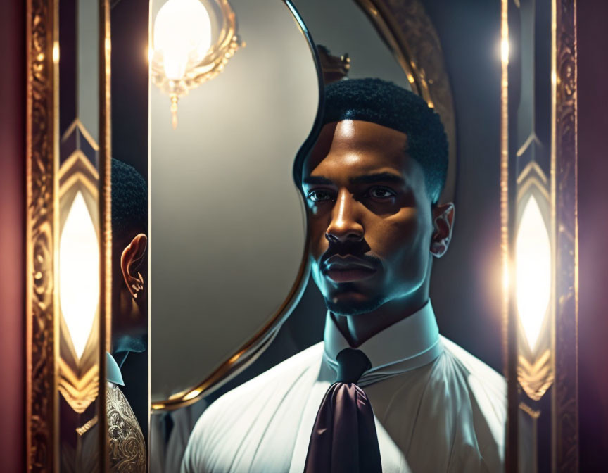 Man in white shirt and dark tie standing by mirror in warm light