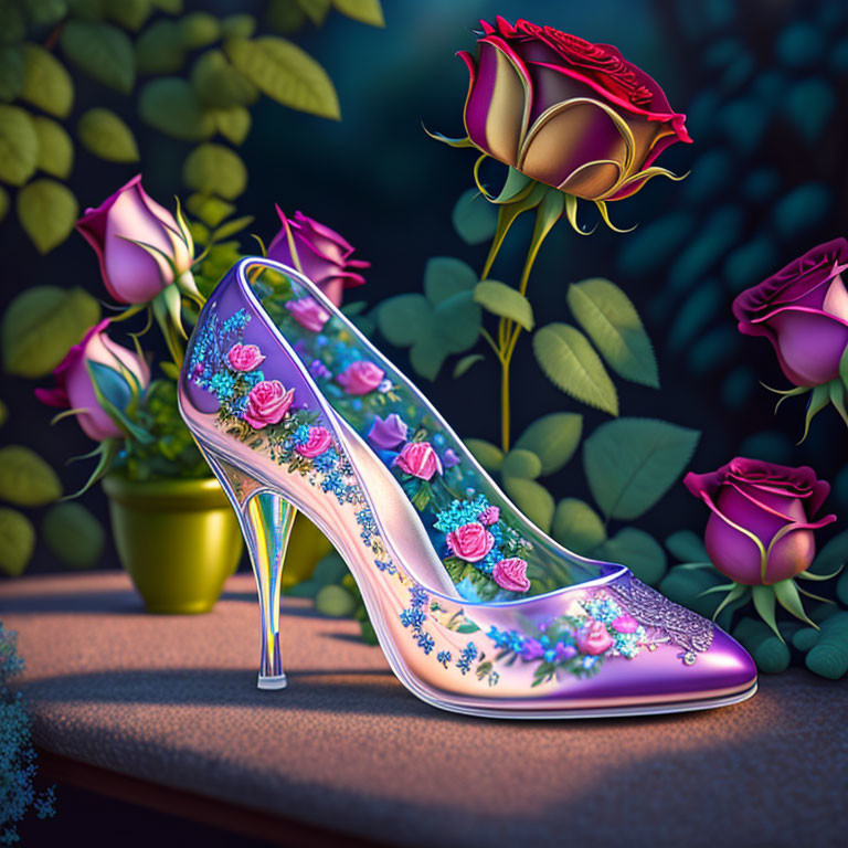 Translucent high-heeled shoe with floral design among blooming roses and foliage.