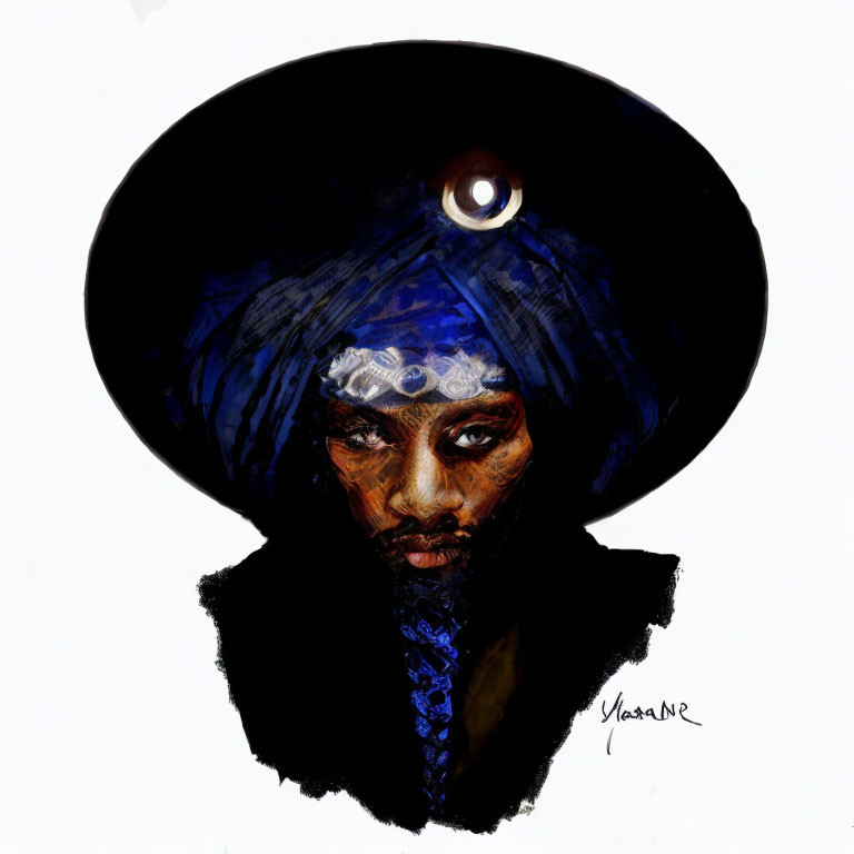 Portrait of person with turban and mystical third eye on white background