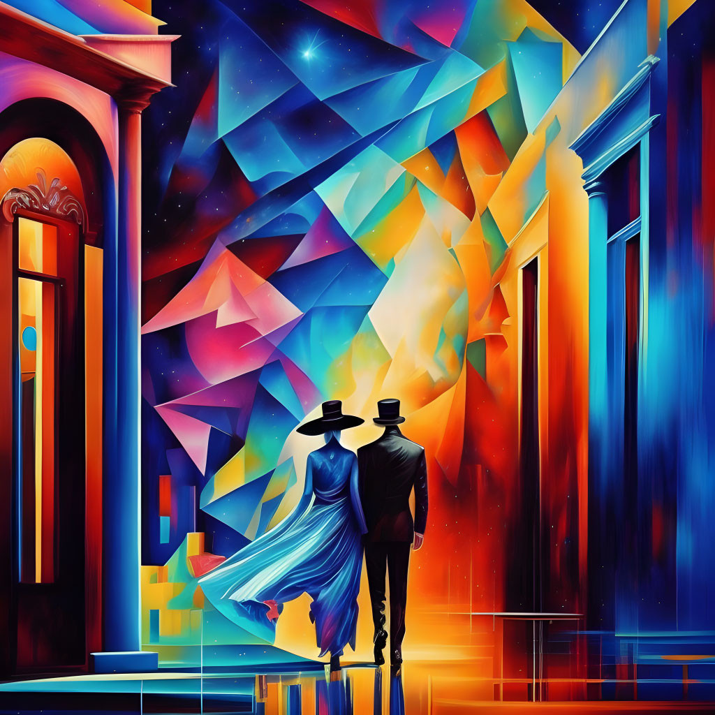 Abstract painting: Couple walking in colorful geometric patterns, starry sky merges with urban landscape