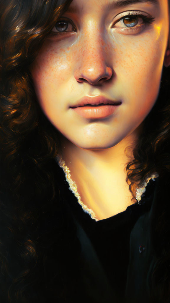 Close-up portrait of person with curly hair, freckles, and contemplative expression