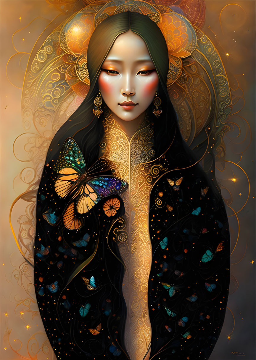 Detailed Asian woman illustration with ornate hair accessories and vibrant butterfly shawl