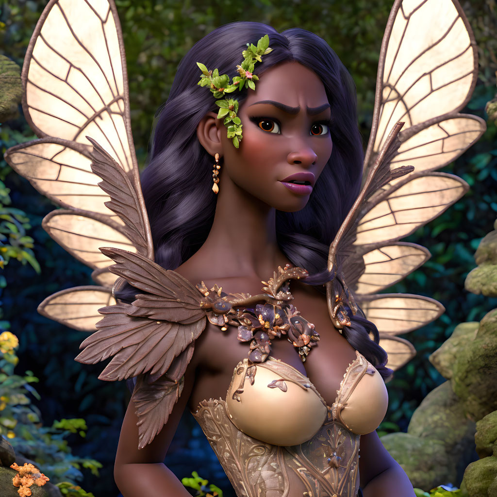 Brown-skinned animated fairy with translucent wings in gold and leaf outfit in forest.