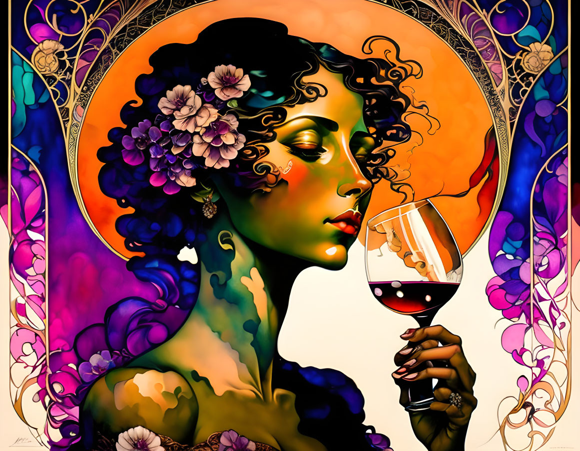 Colorful Art Nouveau Woman with Flowers and Wine Glass Illustration