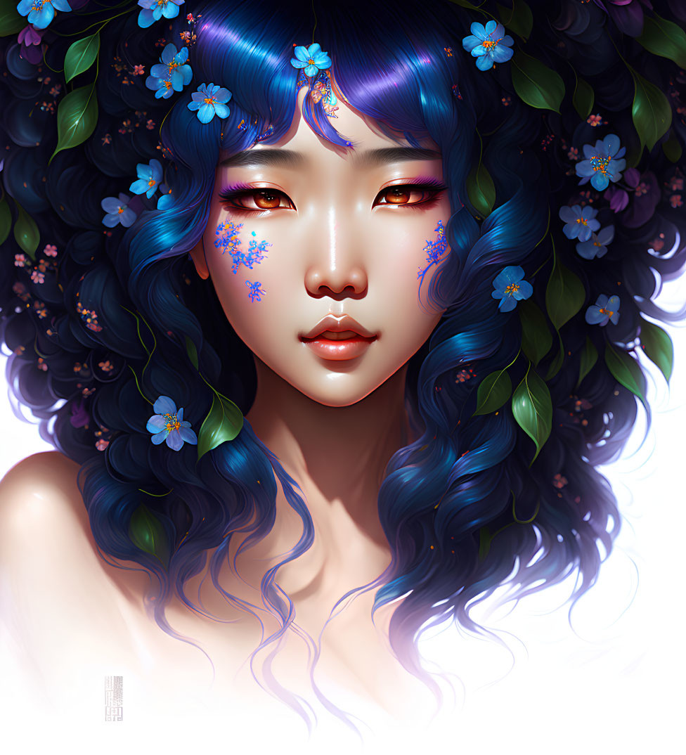 Detailed Digital Portrait: Woman with Flowing Blue Hair and Floral Adornments