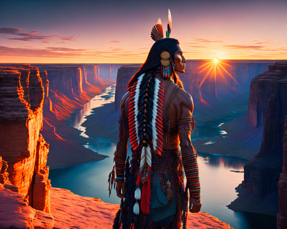 Native American Figure in Traditional Attire Overlooking Canyon at Sunset