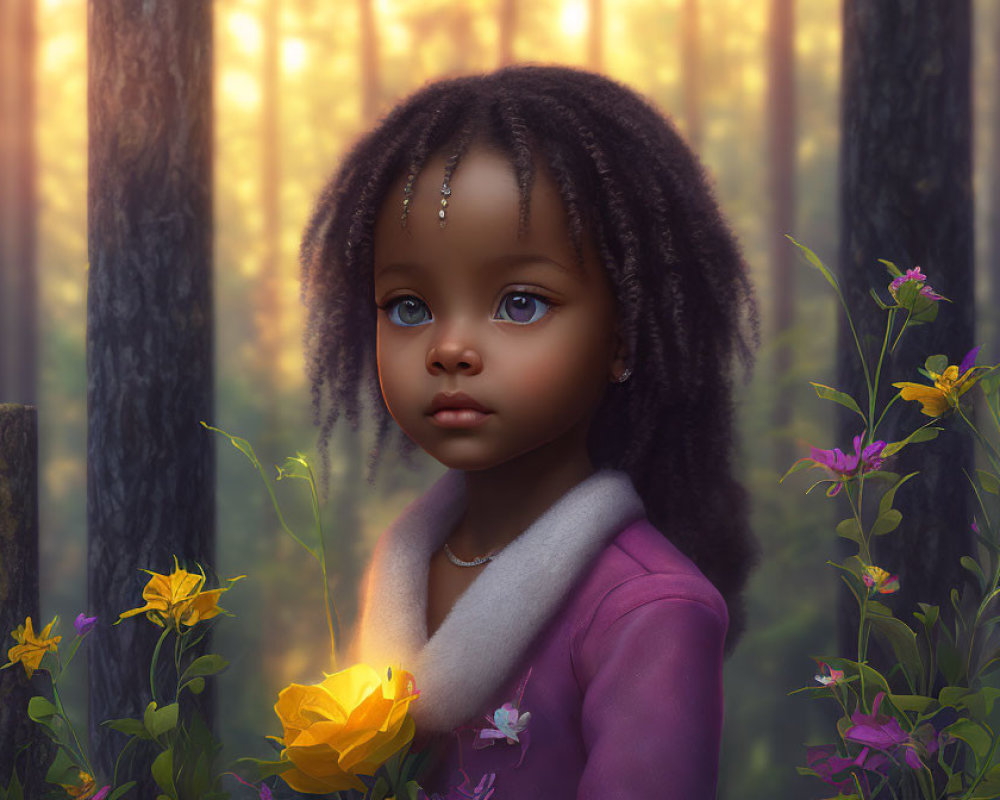 Digital illustration of young girl with blue eyes and braided hair in pink coat, surrounded by forest and