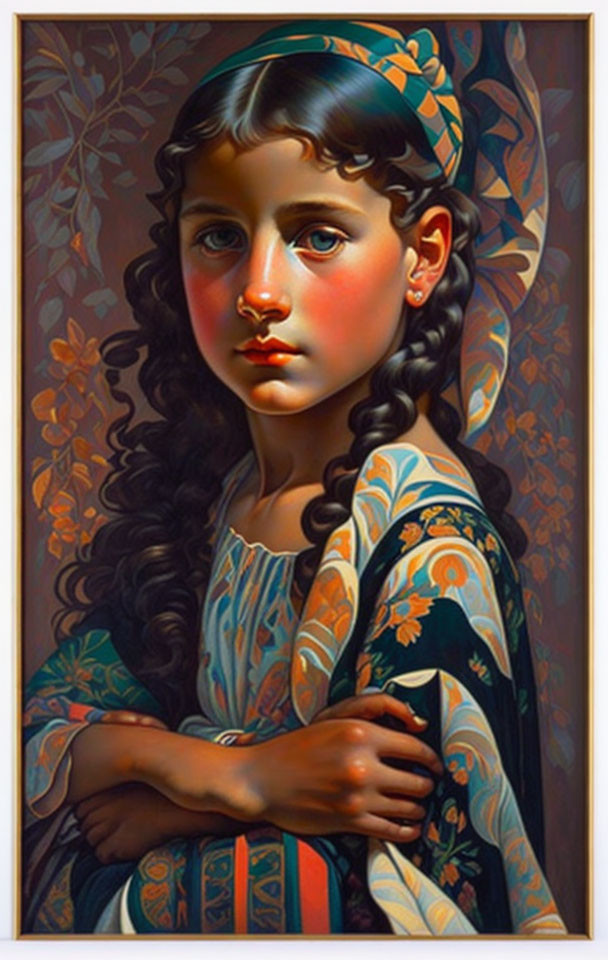 Portrait of a Young Girl with Dark Curly Hair and Blue Eyes in Patterned Shawl