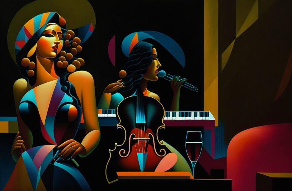 Stylized artistic figures of women with microphone and string instrument on vibrant abstract background