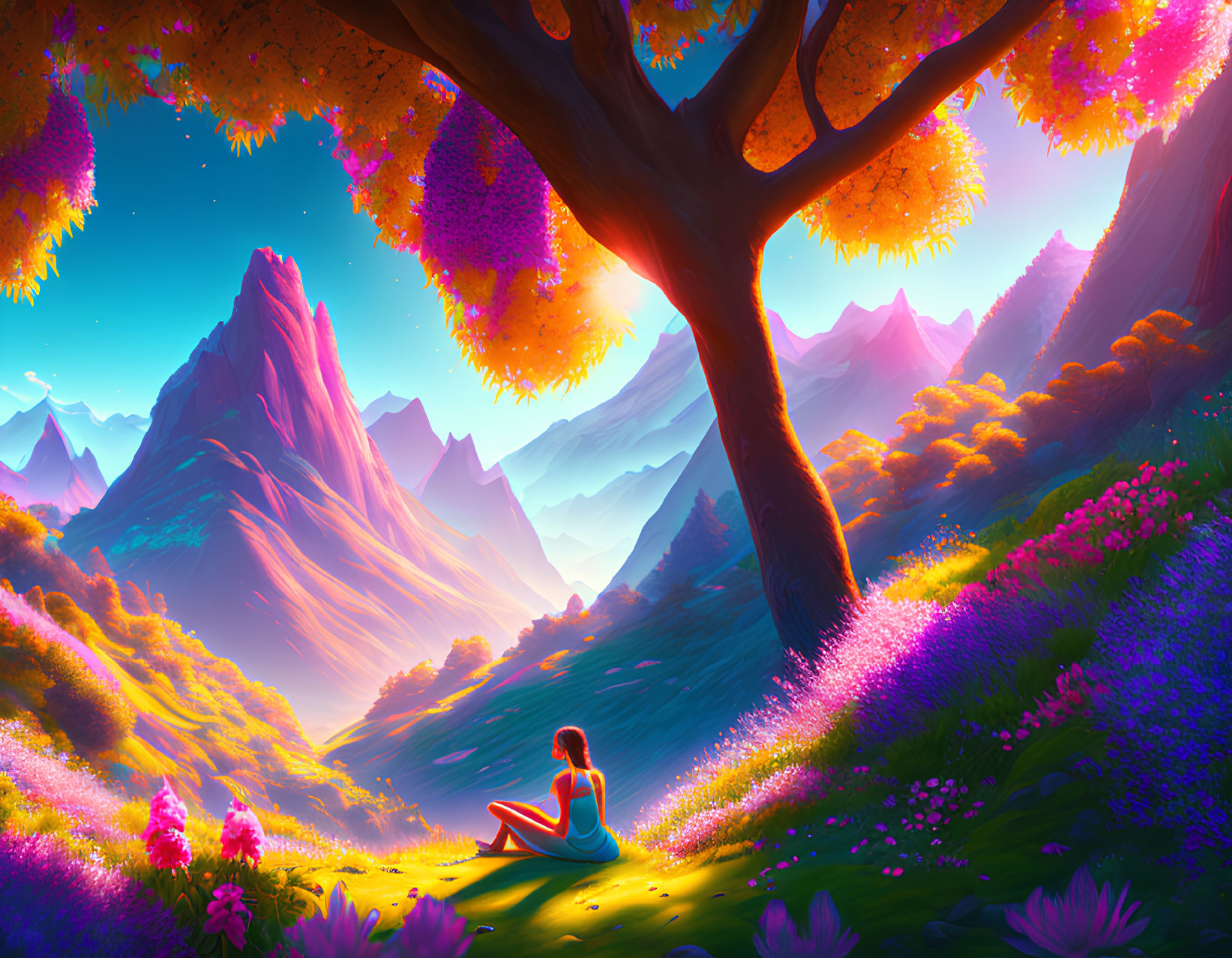 Colorful Landscape with Person, Tree, Mountains, Flowers, and Sunset