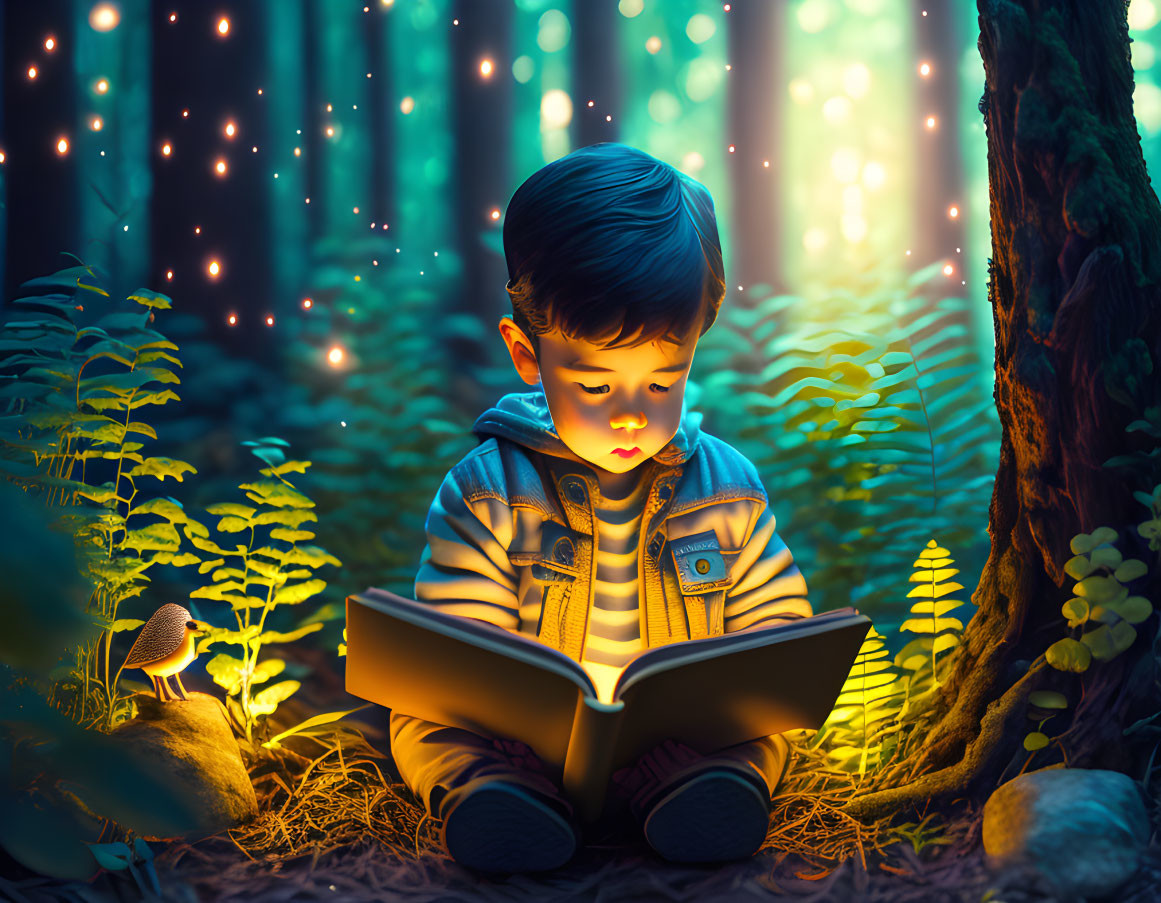 Child reading book in mystical forest with glowing lights and lush greenery