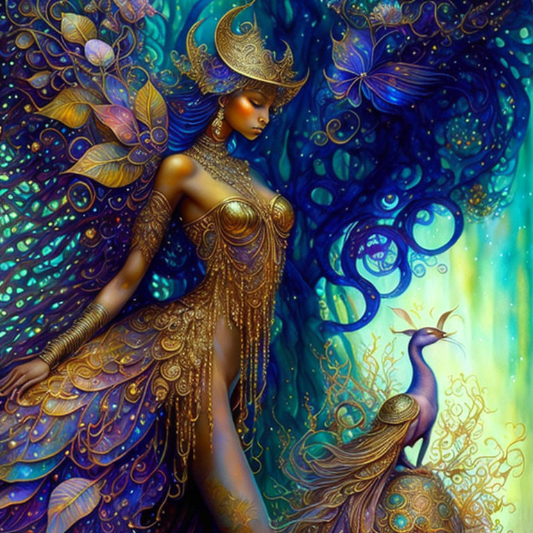 Fantastical Artwork of Woman with Peacock in Vibrant Setting