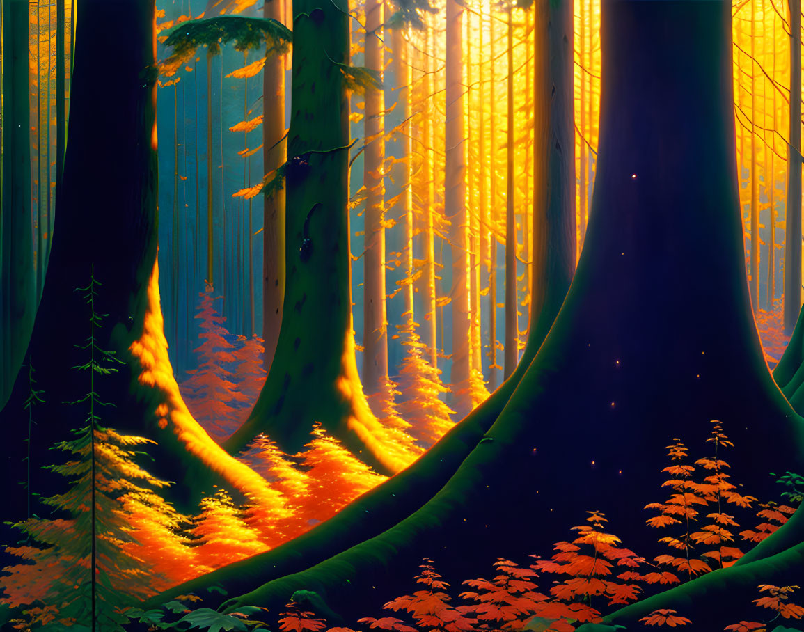 Majestic forest with tall trees, orange leaves, and golden light