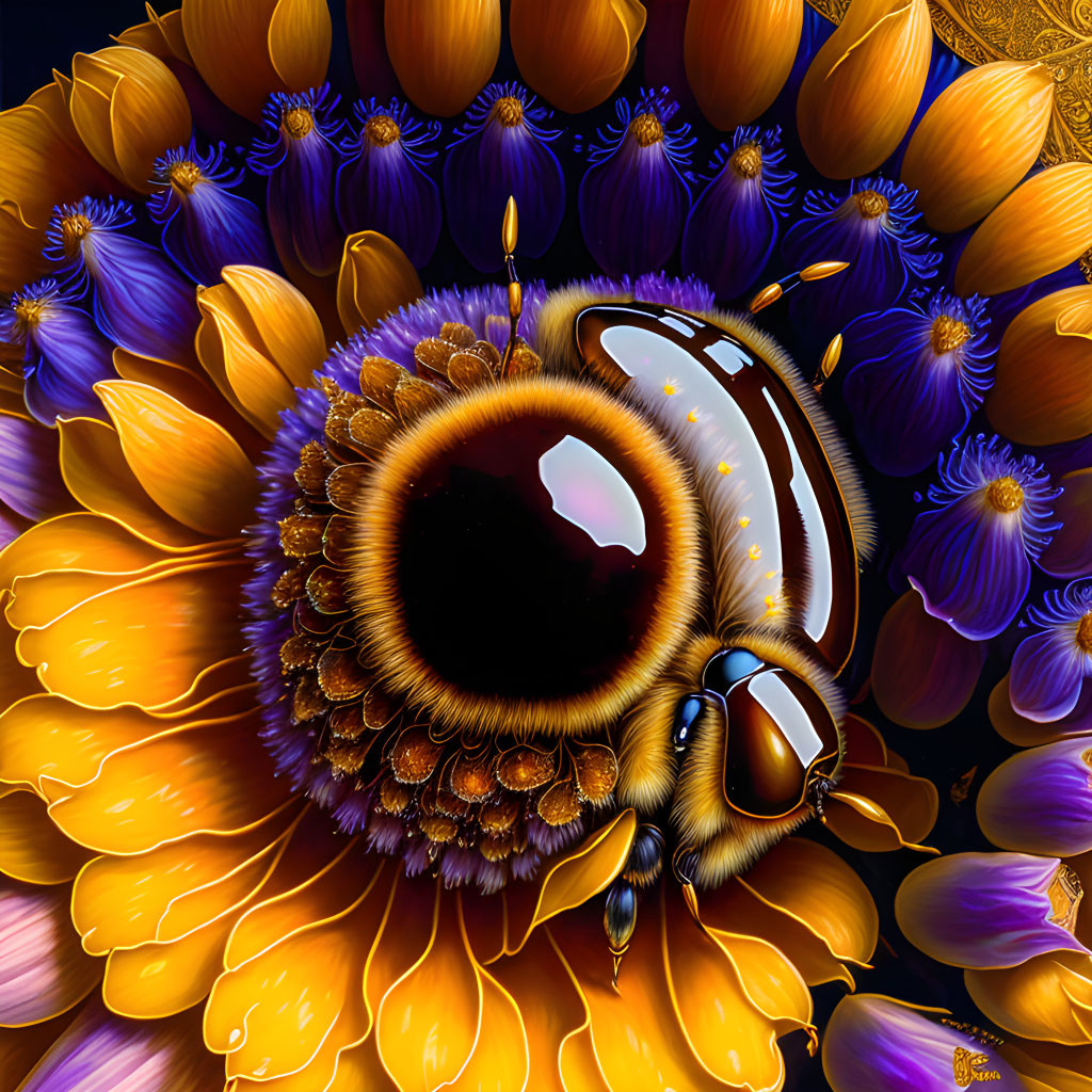 Digital Artwork: Bee on Sunflower with Purple Petals