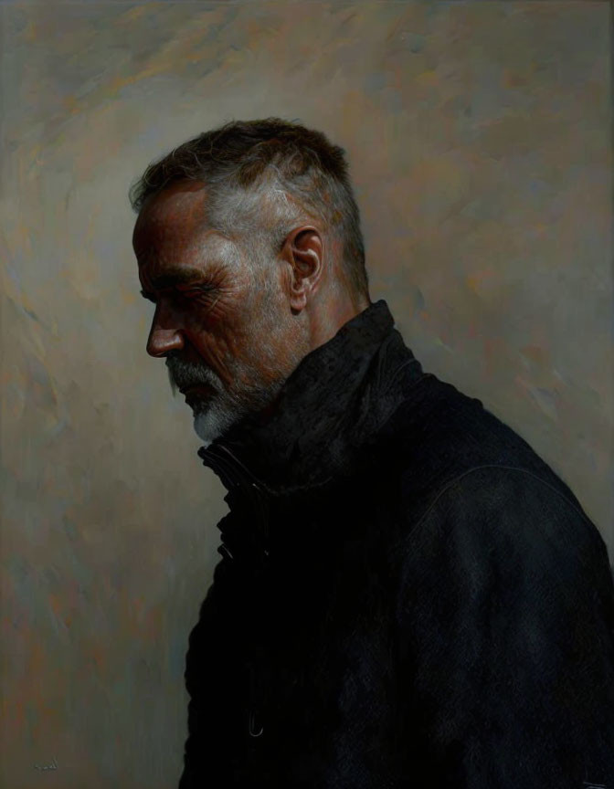 Elderly man with beard in profile wearing dark turtleneck