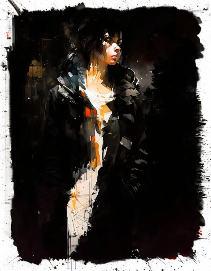 Stylized digital painting of woman in profile with dark hair and black jacket against abstract background