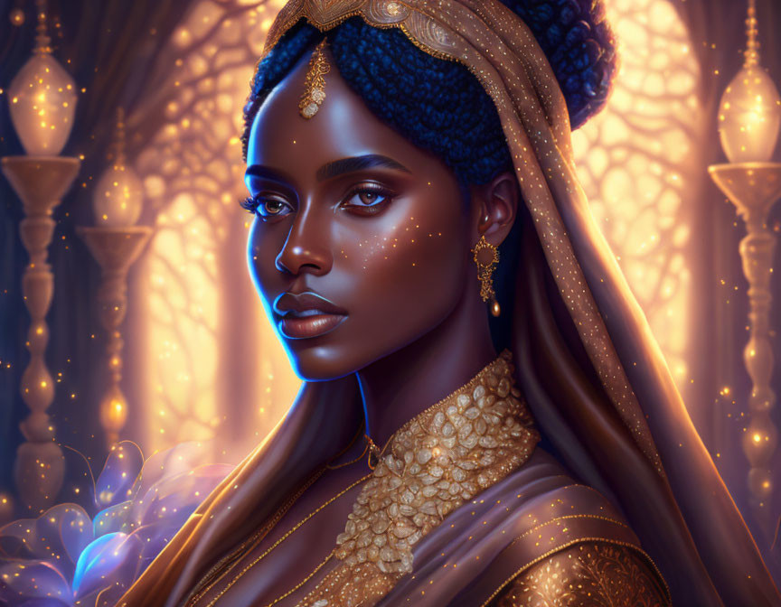 Regal portrait of woman with glowing skin and golden jewelry.