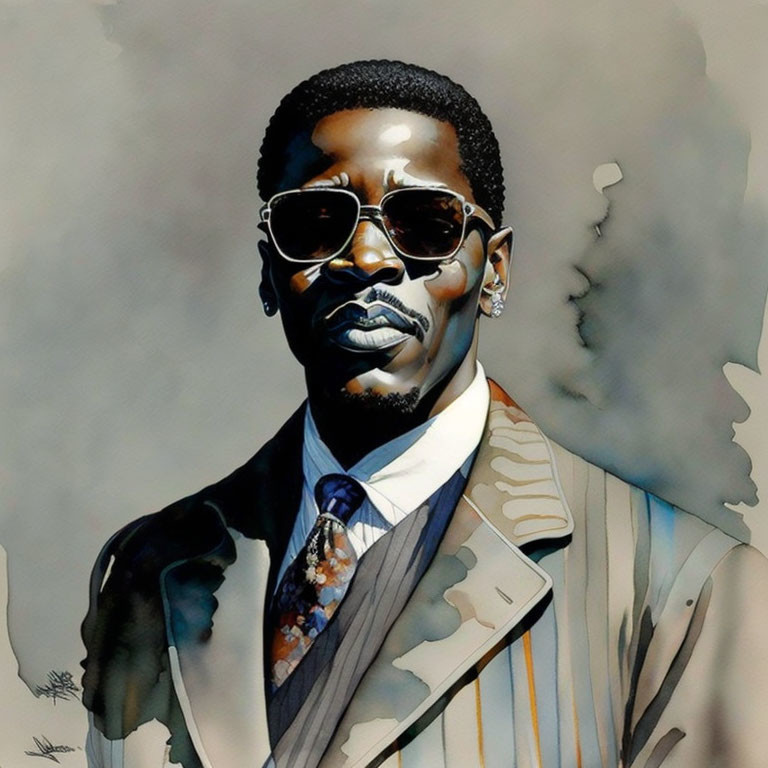 Man in Sunglasses Portrait with Suit and Tie in Smoky Watercolor Style