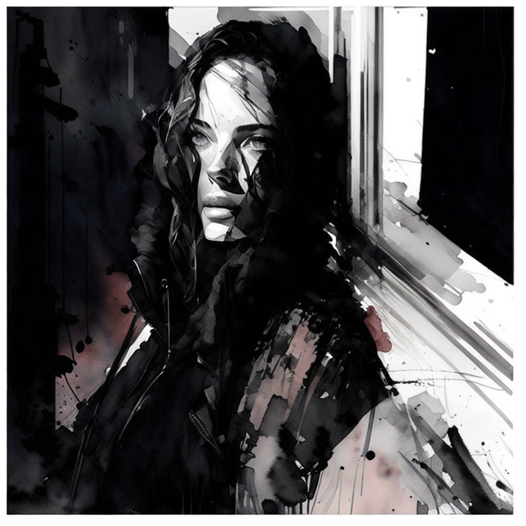 Monochrome artistic illustration of woman gazing with abstract watercolor splashes