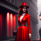 Fashionable woman in red outfit and wide-brimmed hat on misty street