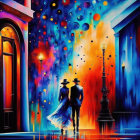 Abstract painting: Couple walking in colorful geometric patterns, starry sky merges with urban landscape